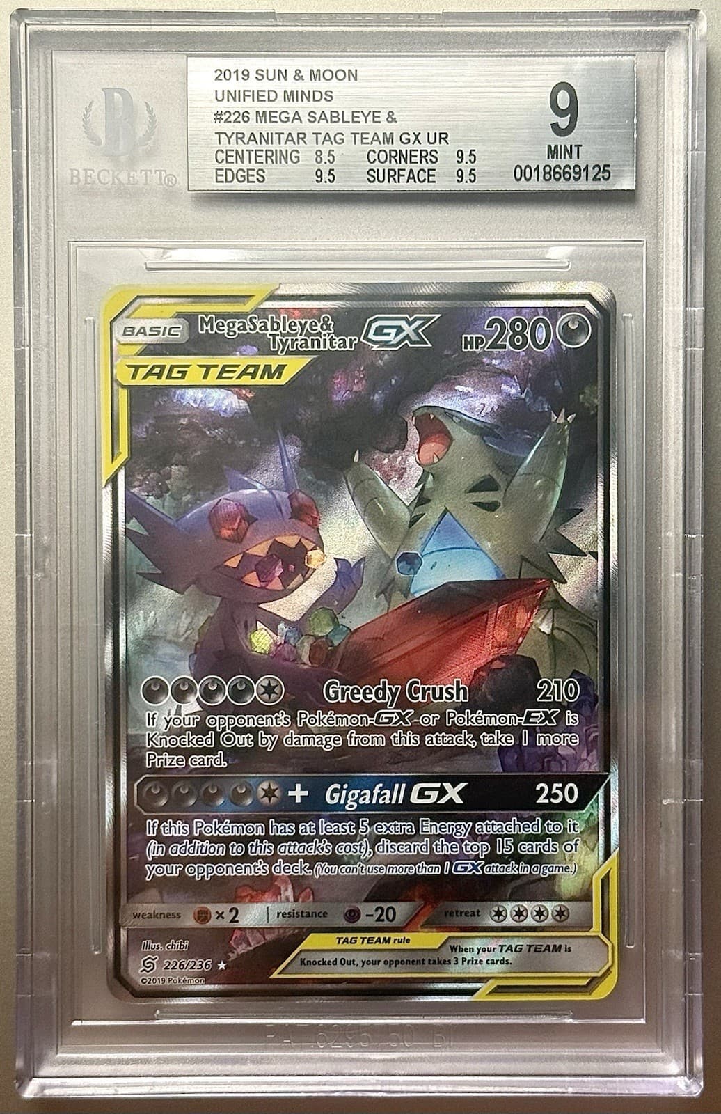 Listing photo for Pokemon - BGS 9 Mega Sableye & Tyranitar GX 226/236 - Unified Minds - LOW POP