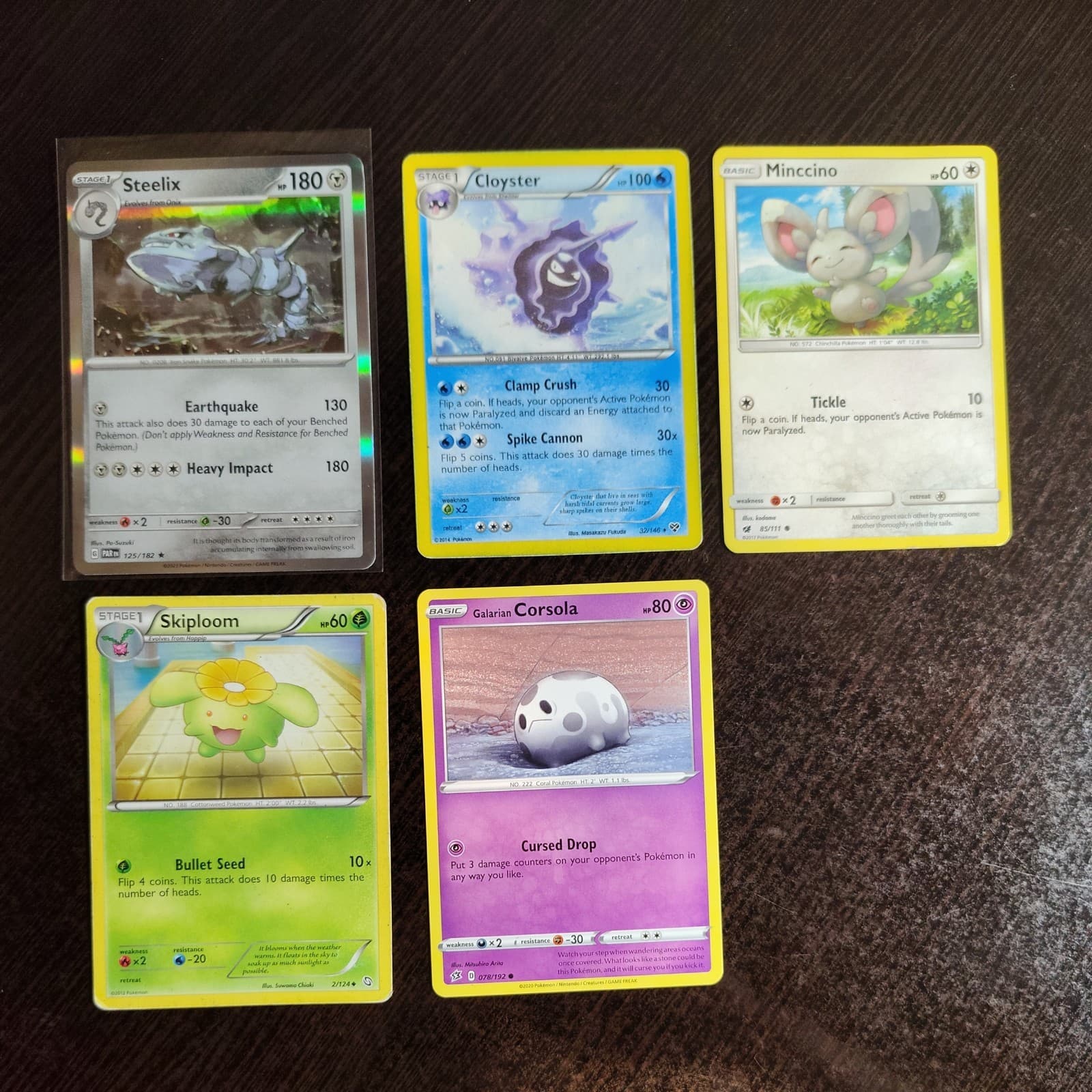 Listing photo for FIVE Pokemon CARDS - Skiploom, Cloyster, Steelix, Corsola, MINCCINO